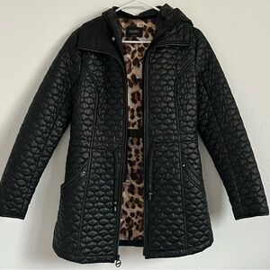 quilted puffer jacket hooded inset leopard print lining zip up
